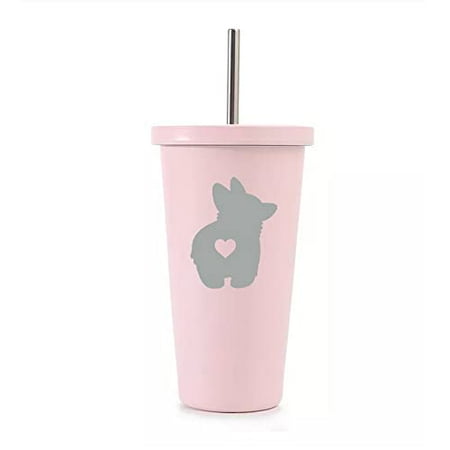 

16 oz Stainless Steel Double Wall Insulated Tumbler Pool Beach Cup Travel Mug With Straw Corgi Butt (Light Pink)