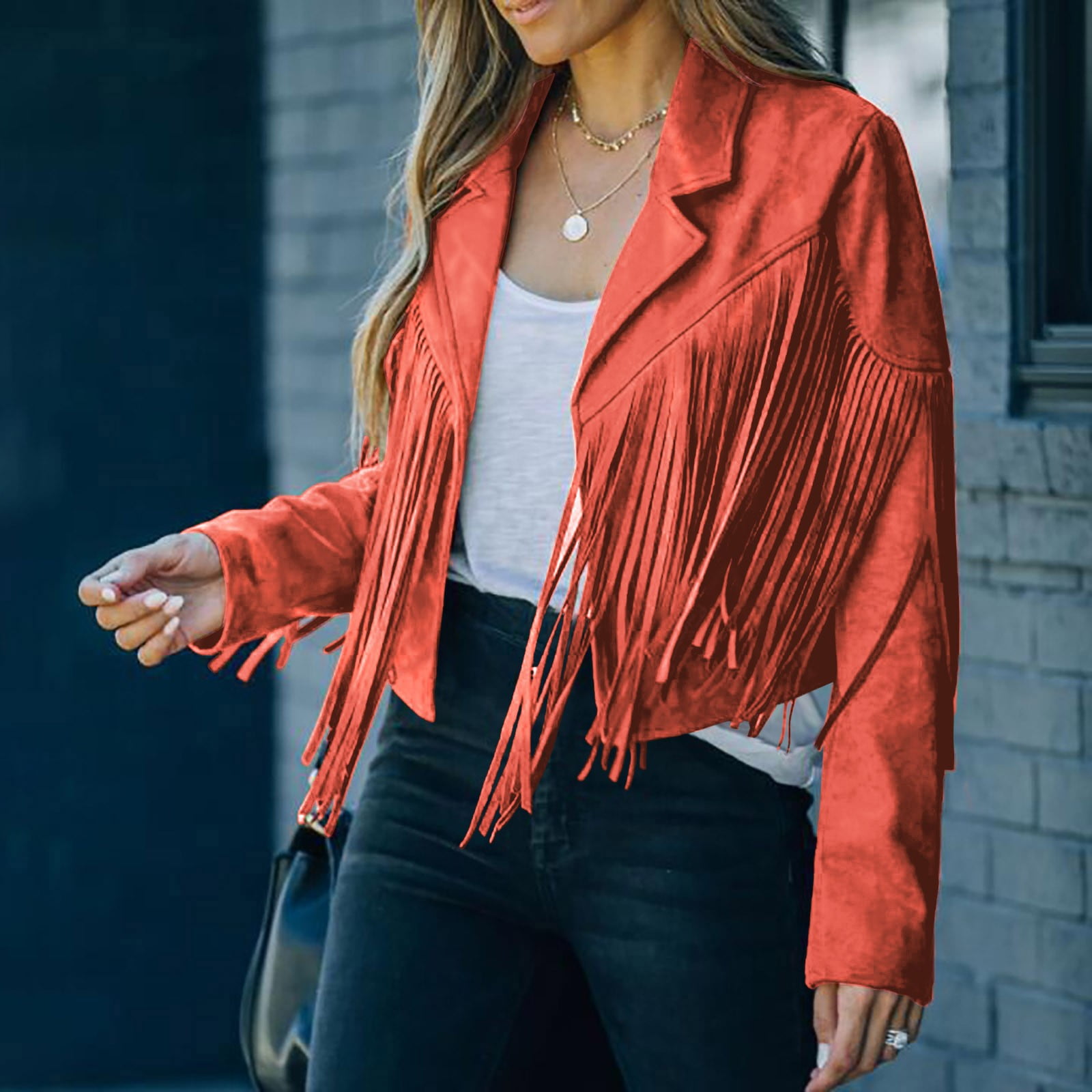 ジャケット・アウター 00s red cropped fringe denim jacket YILANUOYI Women Cropped Denim Jacket long sleeve distressed