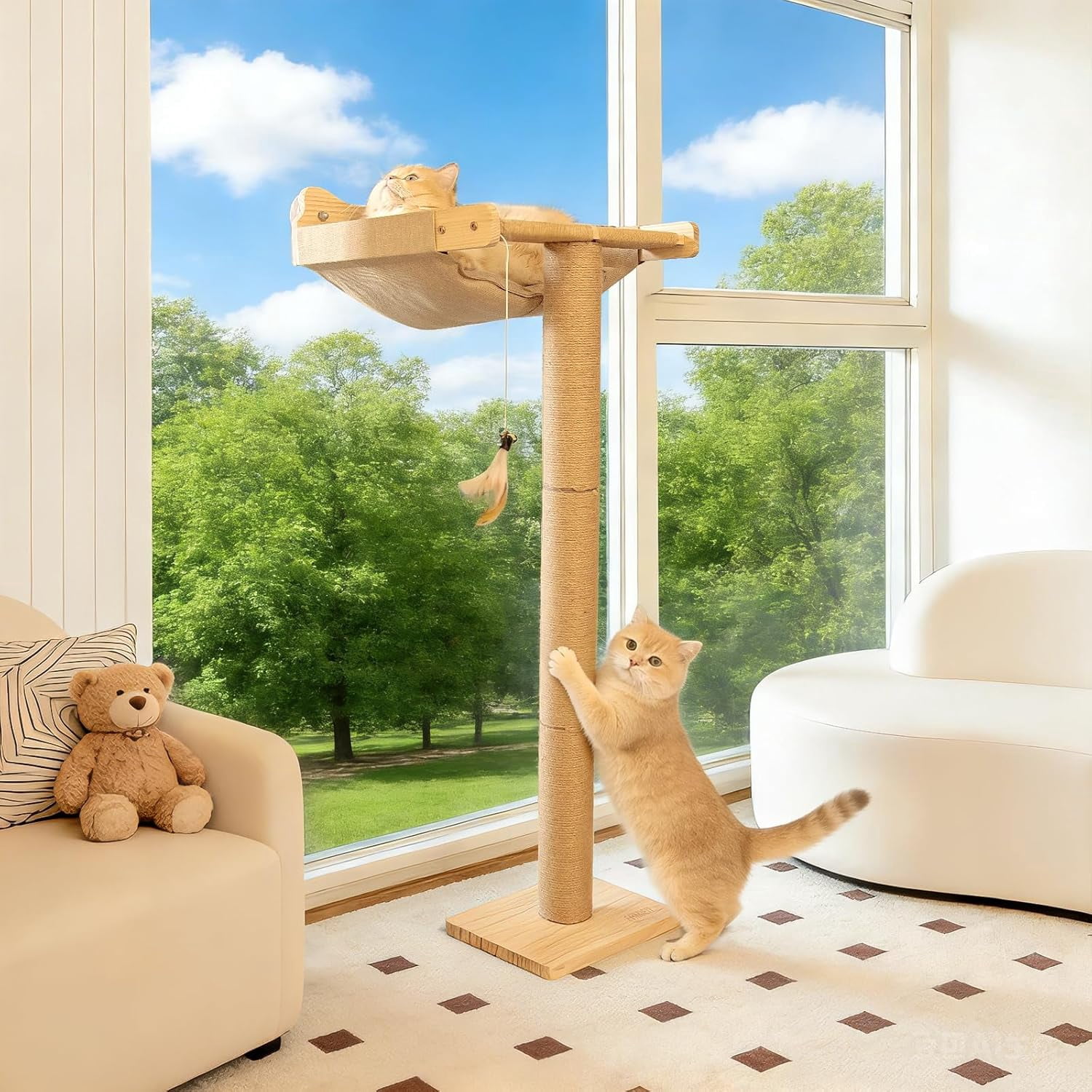Cat Window Perch Hammock with 3-Piece Detachable Sisal Scratching Posts, Gray Fluffy Cusion, Drill-Free Suction Cup Mount, Multi-Level Climbing Perch for Bird Watching, 45 LBS Capacity