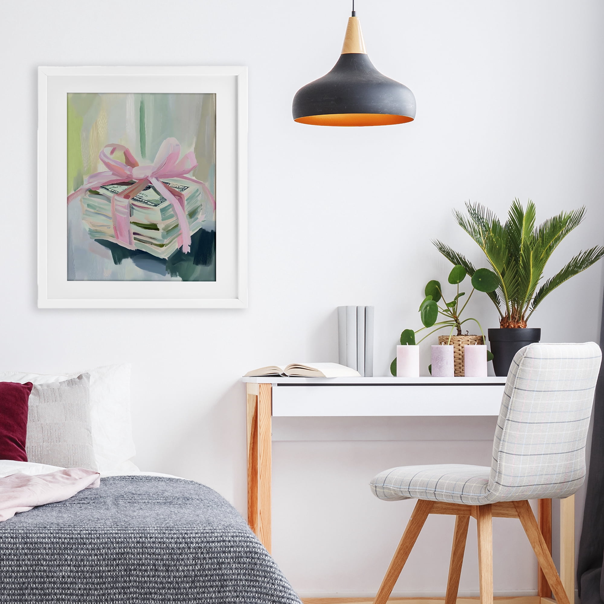 Stupell Industries Pink Bow Cash Bundle White Framed Print Under Glass, design by The Prints Vibe