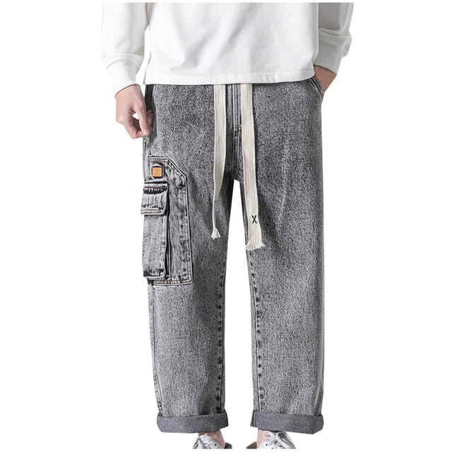 Funicet Mens Work Pants,Work Pants for Men,Man Leisure Straight Pants Draw Rope Lace Up Elasticity Work Clothes Cowboy Trousers,Lace Up Pants,Men Work Pants