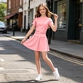 thumbnail image 2 of Tisuna Girls Tennis Outfit Set Kids Solid Color Crew Neck Short Sleeve Tops And Ruffled Skirt Set Breathable Lightweight Child Sport Athletic Clothes Set Size 13-14 Years Light Pink, 2 of 5
