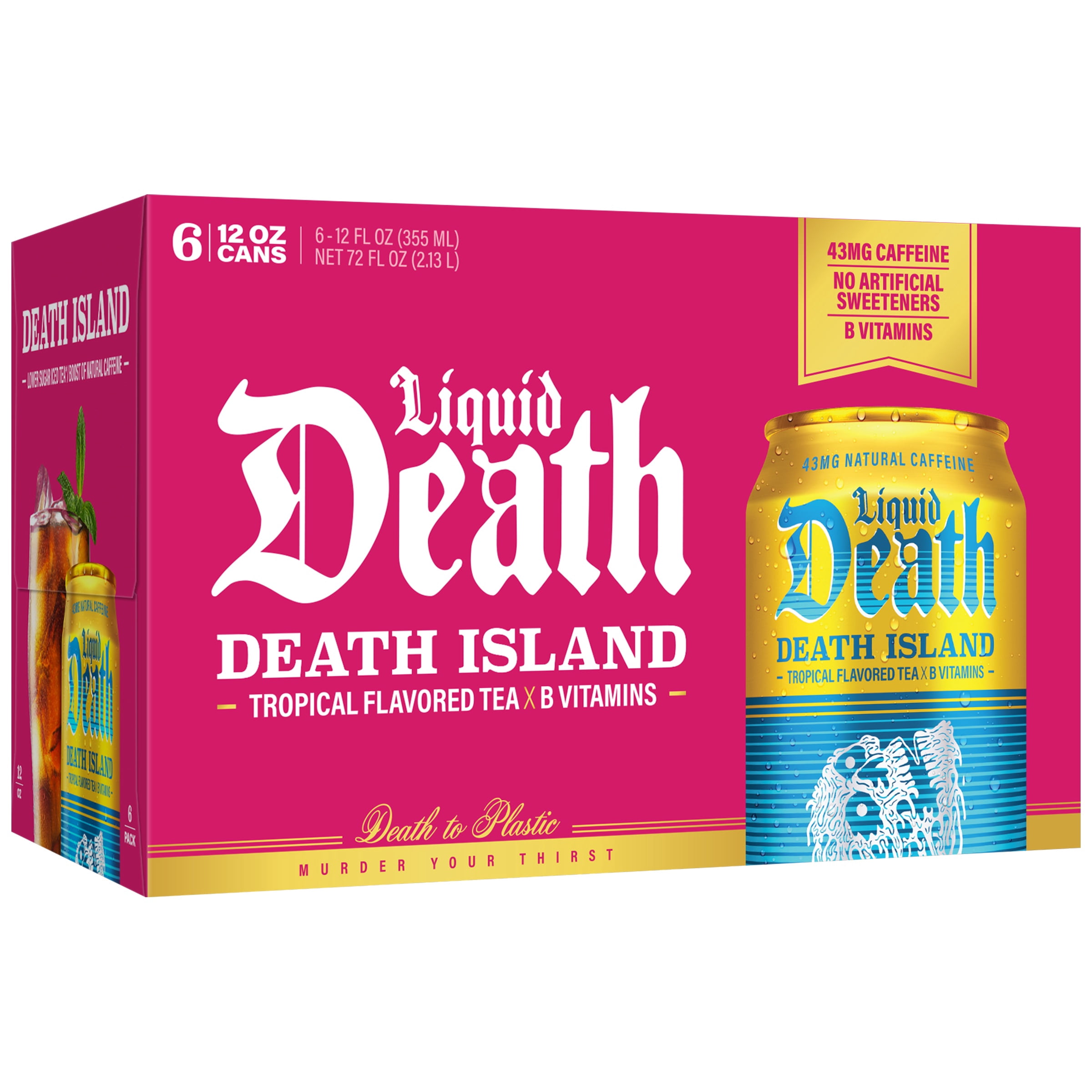Liquid Death, Death Island Tropical Flavored Iced Tea, 6-Pack (12 fl oz Cans), Less Sugar*, Boost of Caffeine, B Vitamins, No Artificial Sweeteners