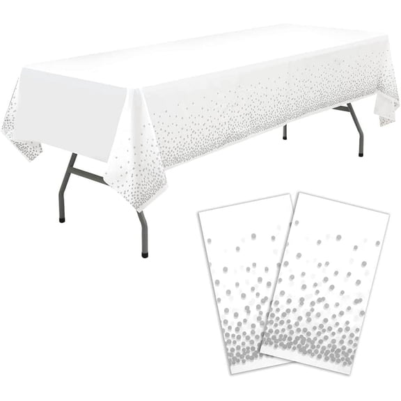 Silver Polka Dots Confetti Plastic Tablecloths 2 Pack White Disposable Table Covers Bridal Shower Party Tablecovers 54 x 108 Inch Table Cloths for Picnic Birthday Wedding Parties 8 ft Rectangle Table