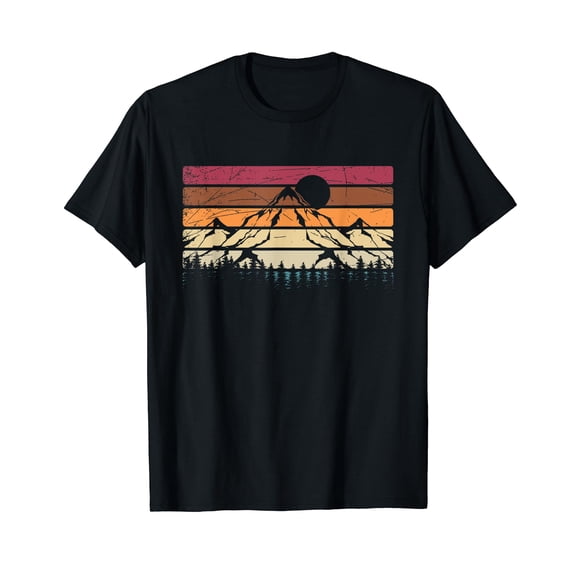 Forest Mountain Outdoors Nature Wildlife Trees Retro Hiking Black T-Shirt