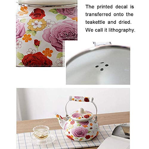 Enamel Teapot floral,Large Porcelain Enameled Teakettle,Colorful Hot Water Tea Kettle pot for Stovetop,Small Retro Classic Design 2.4L, floral 
