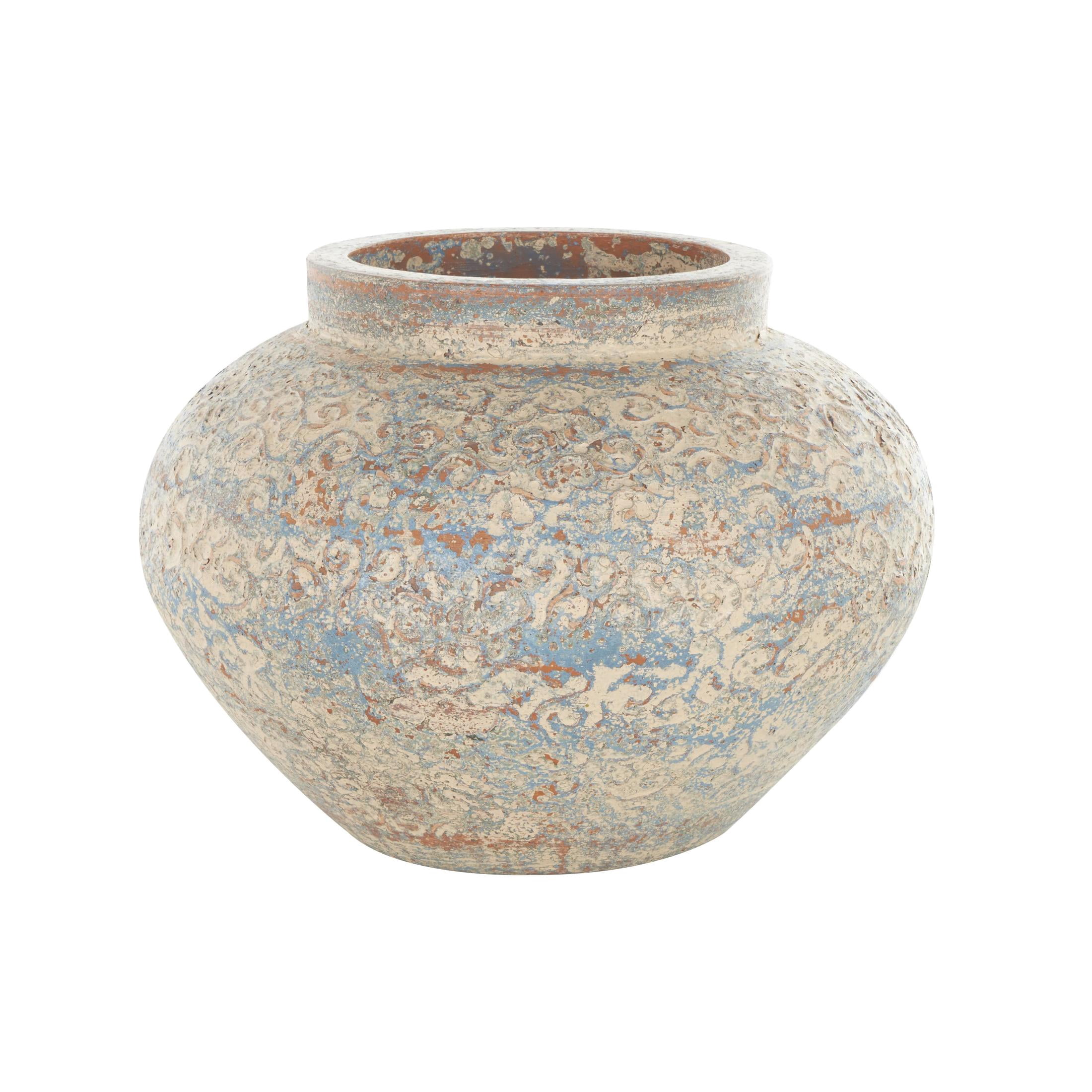 DecMode 10" Scroll Handmade Antique Style Wide Rounded Beige Ceramic Vase with Blue and Copper Accents