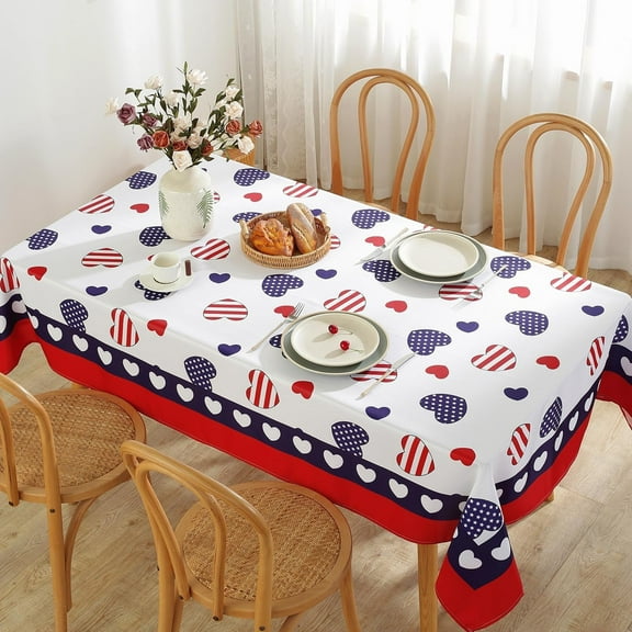 4th of July Tablecloth For Rectangle Table 60"X84",Reusable Patriotic American Flag Heart Table Cloths,Memorial Days Veteran Day Table Cover,Red White And Blue Decoration For Kitchen,Party,Picnic