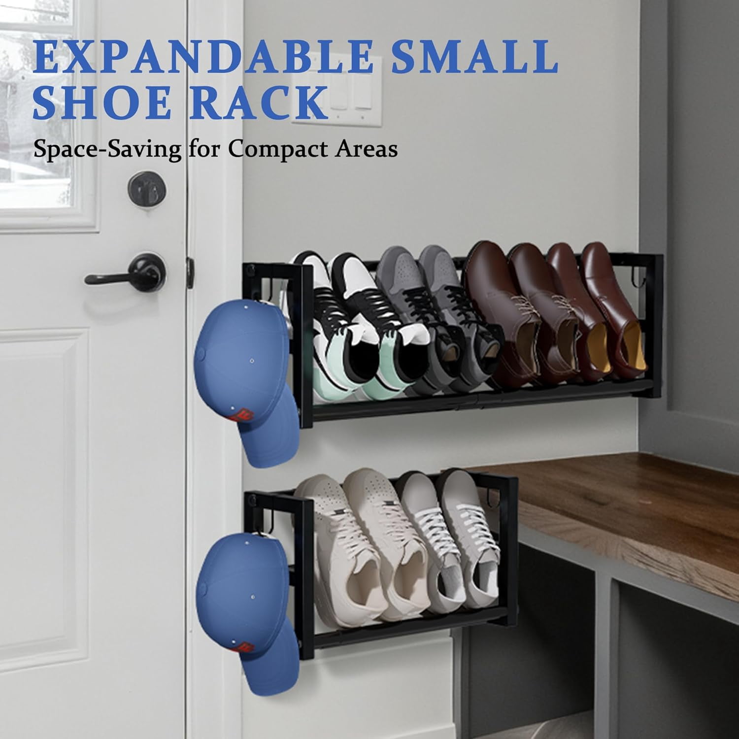 2 Pack Narrow Wall Mounted Shoe Rack for Small Spaces, Hanging Shoe Rack Holds 8 Pairs, 17"-30"Adjustable Heavy Duty Wall Shoe Storage with 4 Storage Hooks,Space Saving for Closet Entryway Door,Black