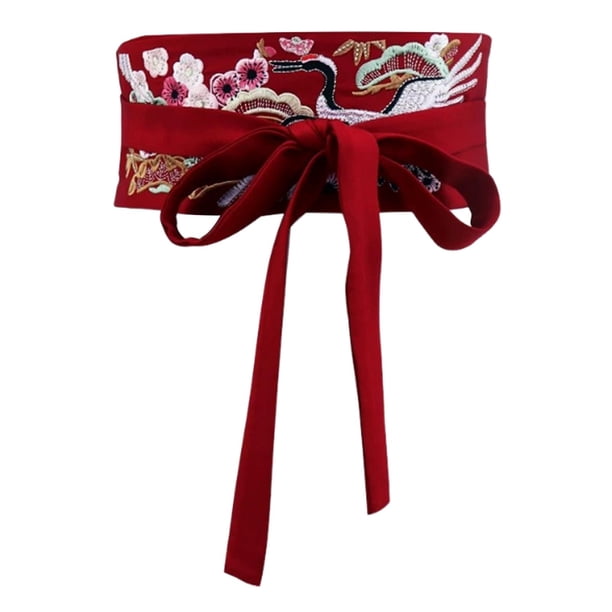 Cinturón Obi para mujer, bordado con lazo, cintura ancha para vestido de ceremonia del té. Rojo