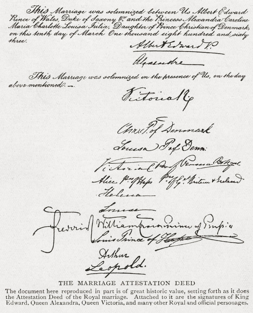 Part of The Attestation Deed of the royal marriage in 1863 between Albert Edward Prince of Wales future King Edward VII and Alexandra of Denmark From Edward VII His Life and Times published 1910 Canva