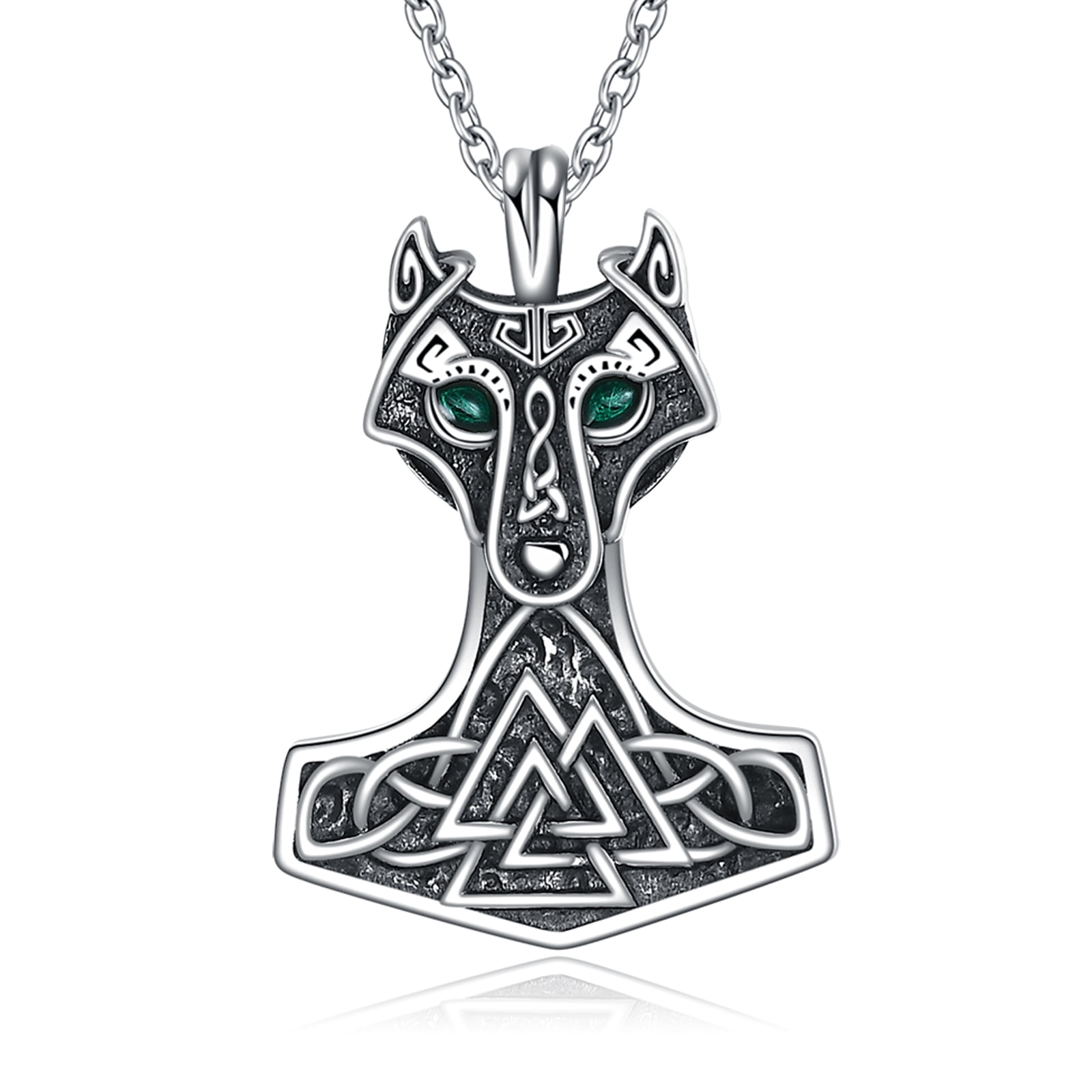 8mm Silver Snake Thors Hammer Necklace - Ferocious Wolf Heads