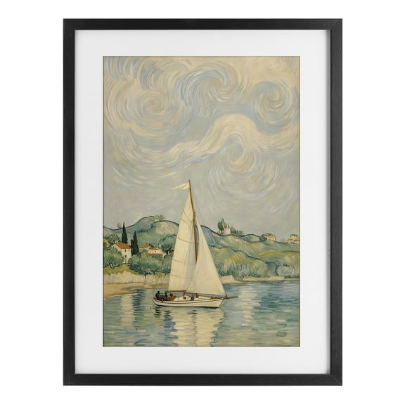 Stupell Industries Coastal Sailboat Beneath Swirling Clouds Black Framed Print Under Glass, 14 x 20, by Angie Hawke