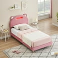 thumbnail image 2 of M optimized Twin Bed Frame Upholstered Platform with LED Lights Bear-shape Headboard, Wooden Slats Support, No Box Spring Needed Platform Bed Frame, 2 of 7