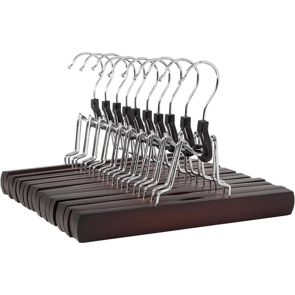 PLERISE 10-Pack Wooden Pants Hangers, Cherry Finish Closet Organizer for Trousers Jeans Skirts