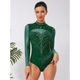 thumbnail image 5 of Oyolan Rhinestone Sparkly Artistic Gymnastics Bodysuits for Women Mesh Long Sleeve Ice Skating Dark Green M, 5 of 7