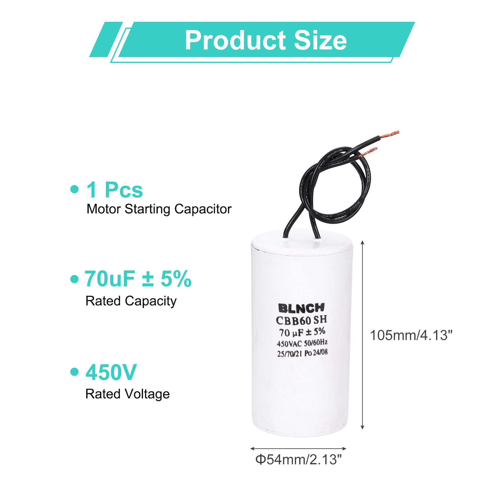 Uxcell CBB60 Running Capacitor, 70uF 450V 2 Wire Electric Air Compressor Motor Run Starting Capacitor for Washing Machine, Refrigerator, Air Conditioner, White