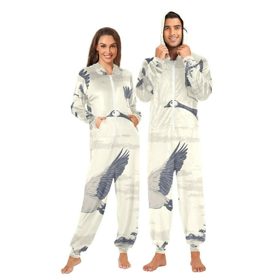 Flying Geese Adult Onesie Pajamas Slim Fit Christmas One Piece Suit Pjs for Women and Men Hooded Zipper