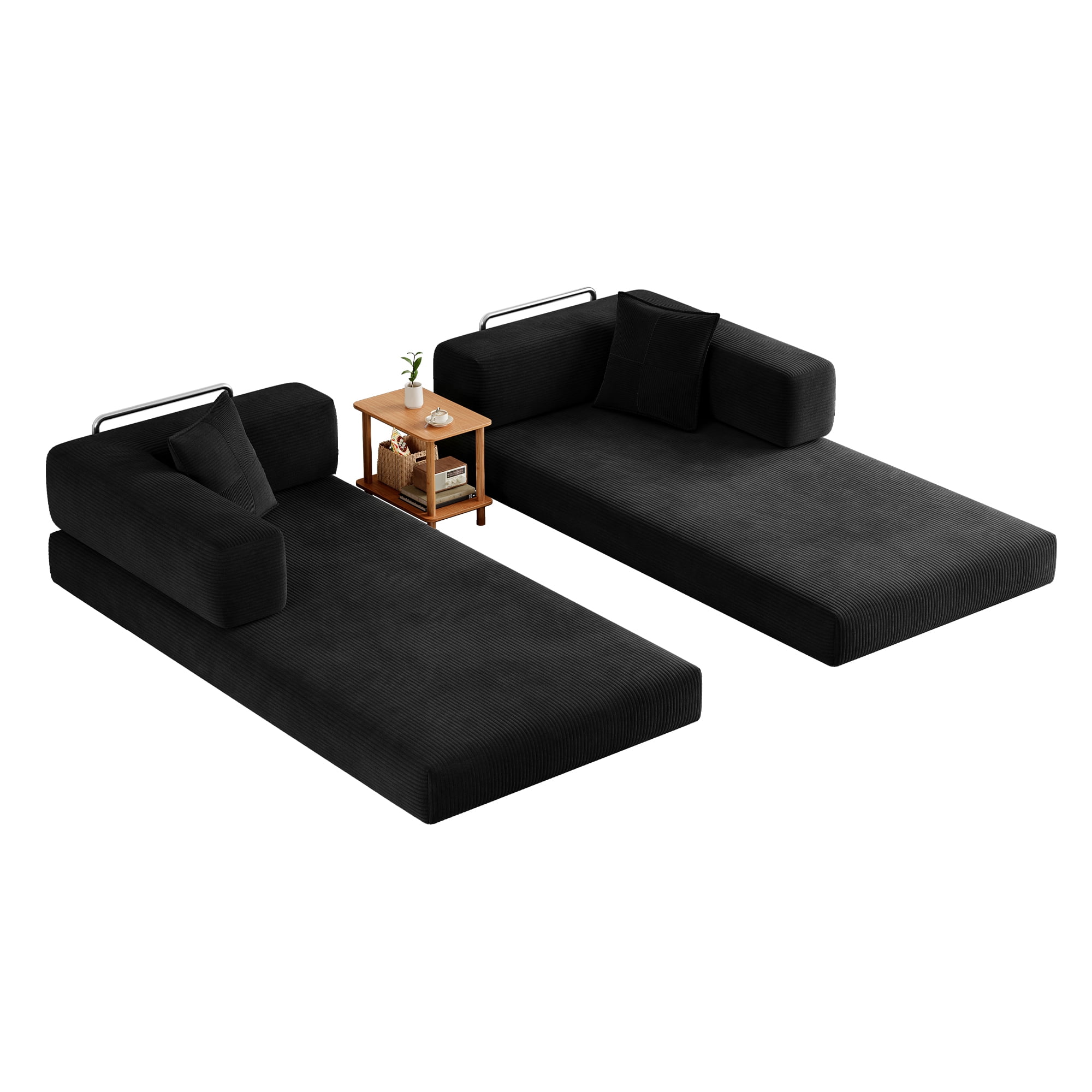 Leumius 79 Inch Convertible Sofa Bed,5-in-1 Corduroy Floor Sofa with High-Density Foam,Metal Back and Arm Supports, Washable Cover and Side Pockets,Black