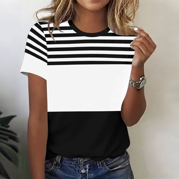 Kinrui Short Sleeve T-Shirts for Women Casual Striped Color Block Tops Summer Crewneck Tunic Tees Pink 2XL
