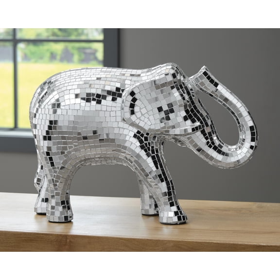 Signature Design by Ashley Hallmont Elephant Sculpture, Silver Mosaic Glass Decorative Accent