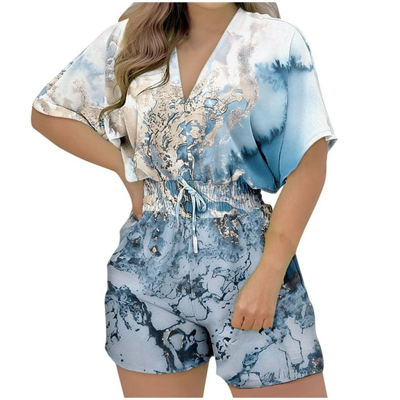 Summer Elegant Romper for Women Daily Tie Smocked Waist Graphic Short Jumpsuit Kimono Sleeve Slim Vacation Playsuit, White, S