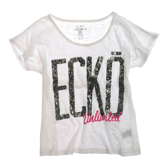 Ecko Unltd. Womens Lace Open Neck Graphic T-Shirt, White, Small