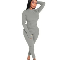 Odeerbi Solid Color 2 Piece Sets for Women 2025 Long Sleeve Trousers Round Neck Solid Color Fashion Fallow Commuting Set Gray