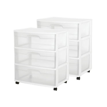 Sterilite 3-Drawer Wide Storage Organizer Cart, Rolling Containers w/ Wheels, 2 Pack
