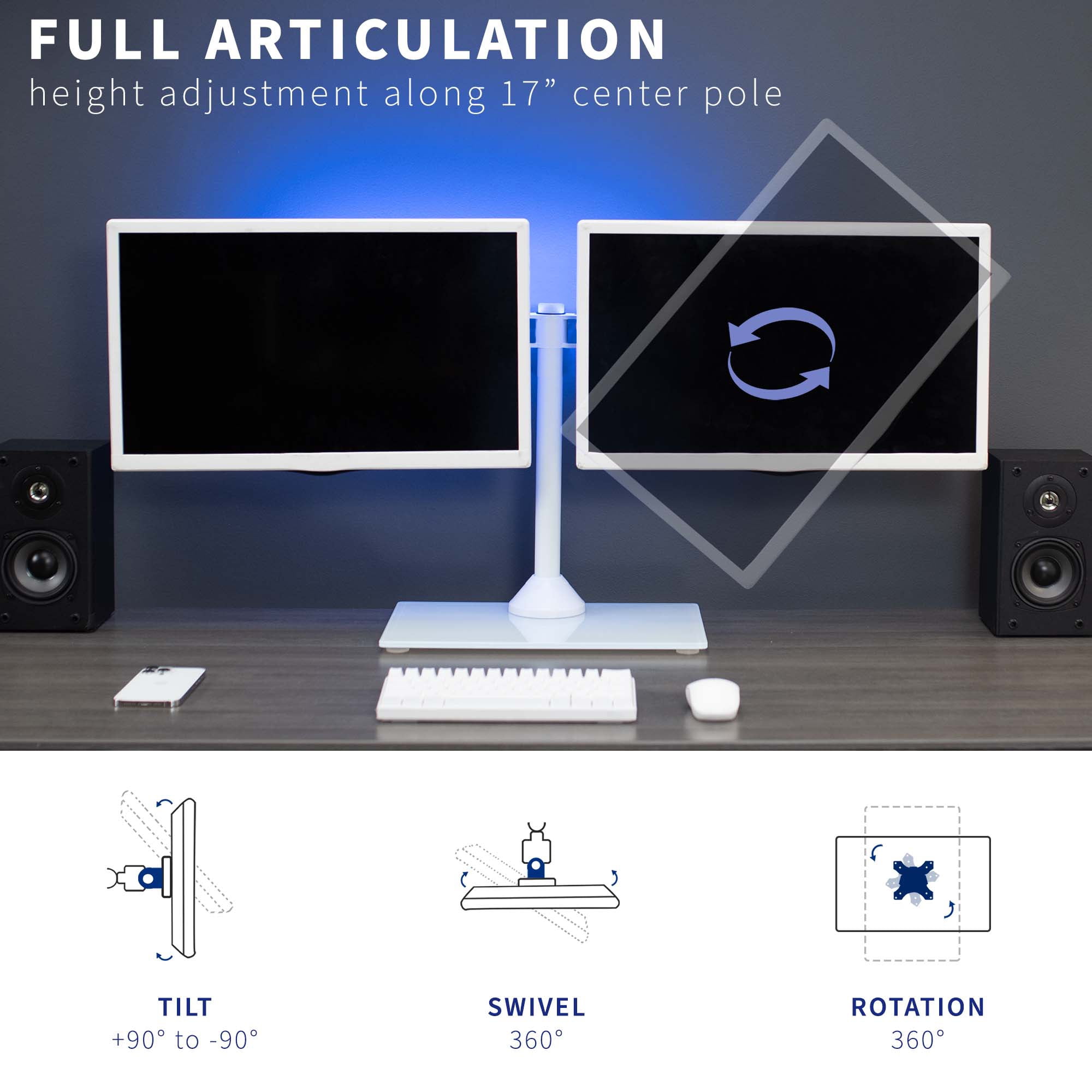 VIVO White Dual Monitor Adjustable Mount w/ Glass Base, Fits 2 Screens up to 32"