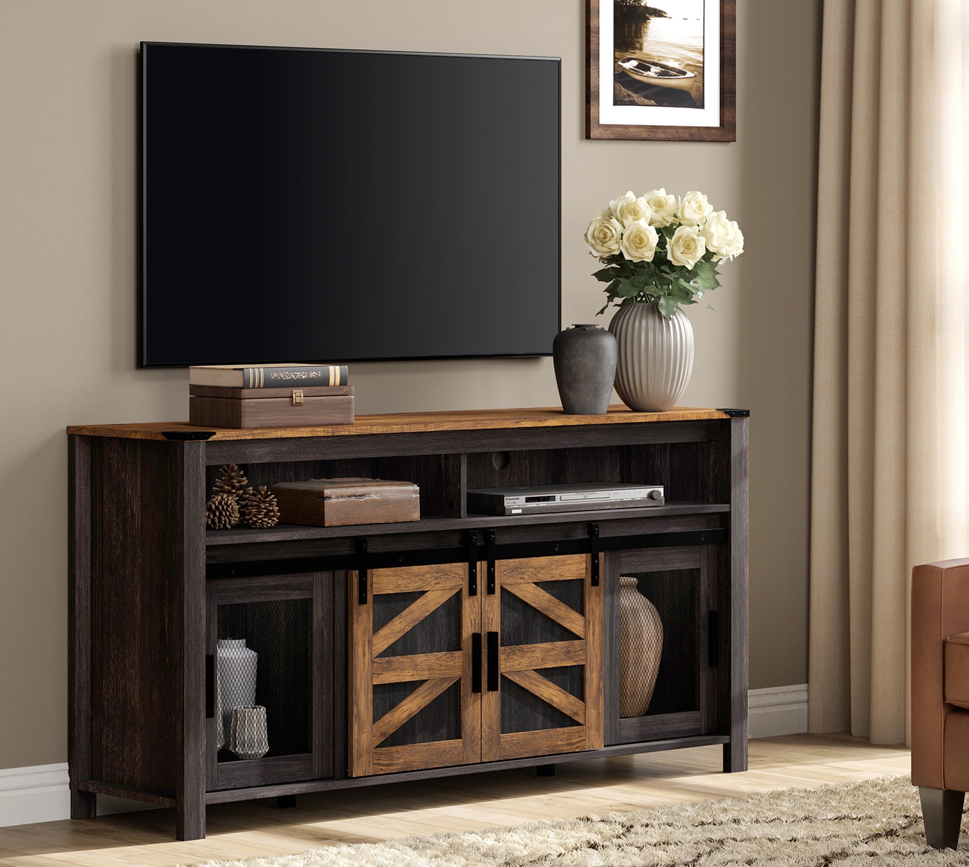 WAMPAT TV Media Console Stand for 65 Inch TV, Farmhouse Entertainment Center with Sliding Barn Door and Storage Shelves, Wood Television Stand for Living Room, Antique Black/Distressed Pine