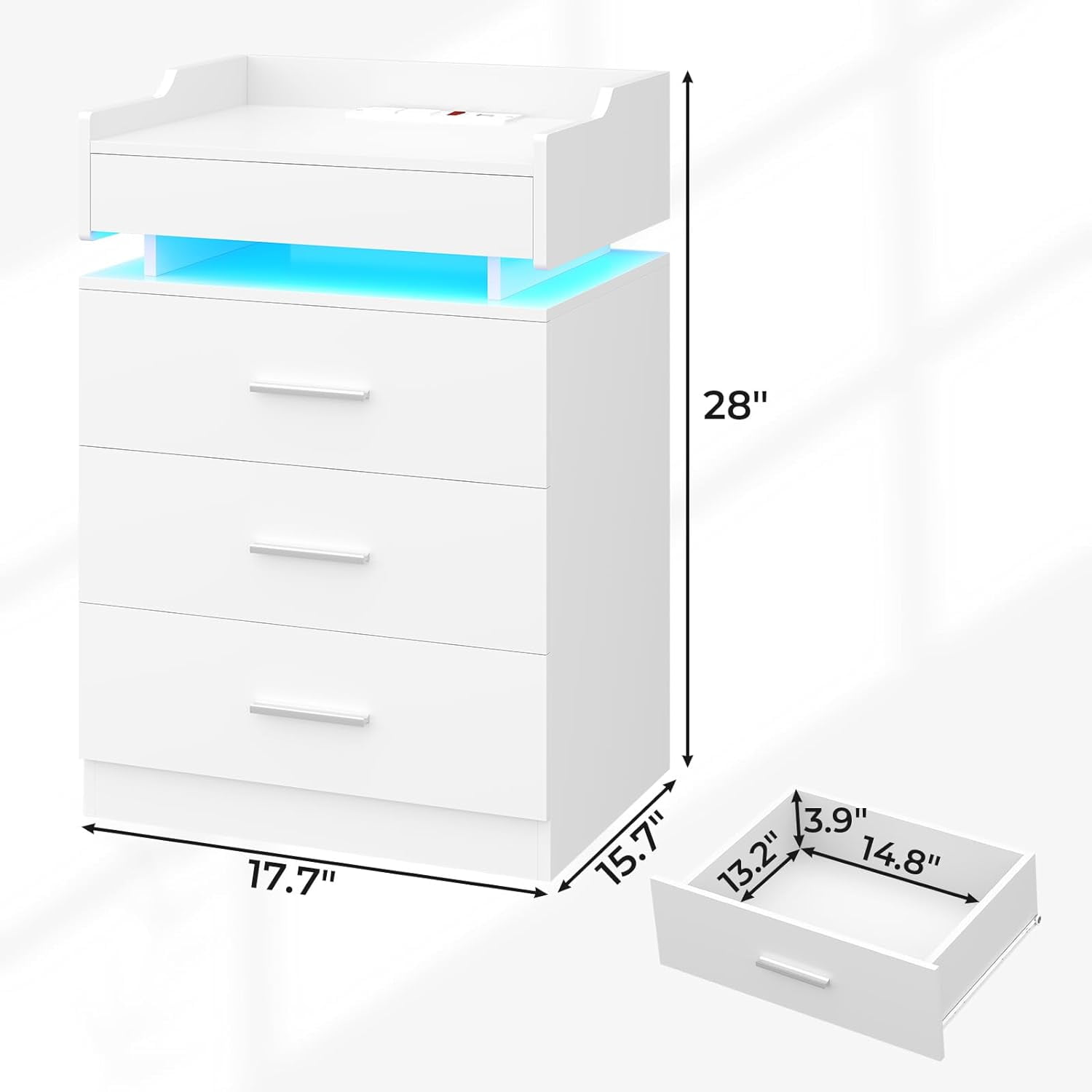 Afuhokles Nightstand with Charging Station and LED Lights, Night Stand with 3 Drawers, White