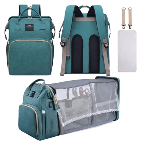 RSENFREMIOR Diaper Bag with Changing Station for Mom Dad, Large Capacity Travel Backpack with Stroller Straps ,3 in 1 Waterproof Foldable Changing Bag with Foldable Crib for Girls Boys