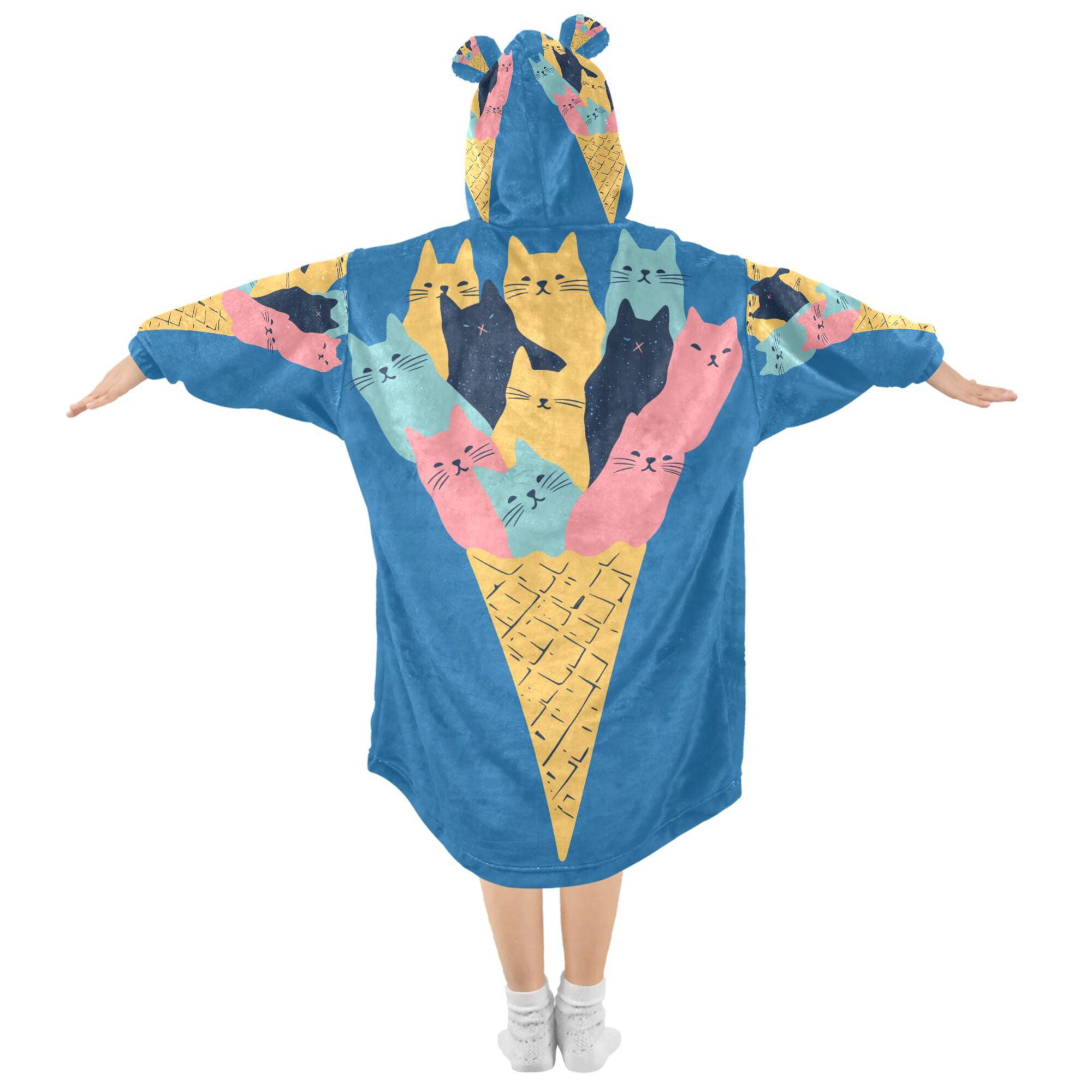 FORMRS Wearable Blanket Hoodie with Sleeves for Kids Cozy Flannel Sweatshirt, Colorful Ice Cream Cat
