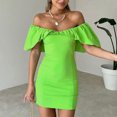 thumbnail image 1 of Vestido plisado con mangas de volantes de algodón Ropa de vacaciones ajustada de color sólido para mujer FLhrweasw Nuevo, 1 of 9