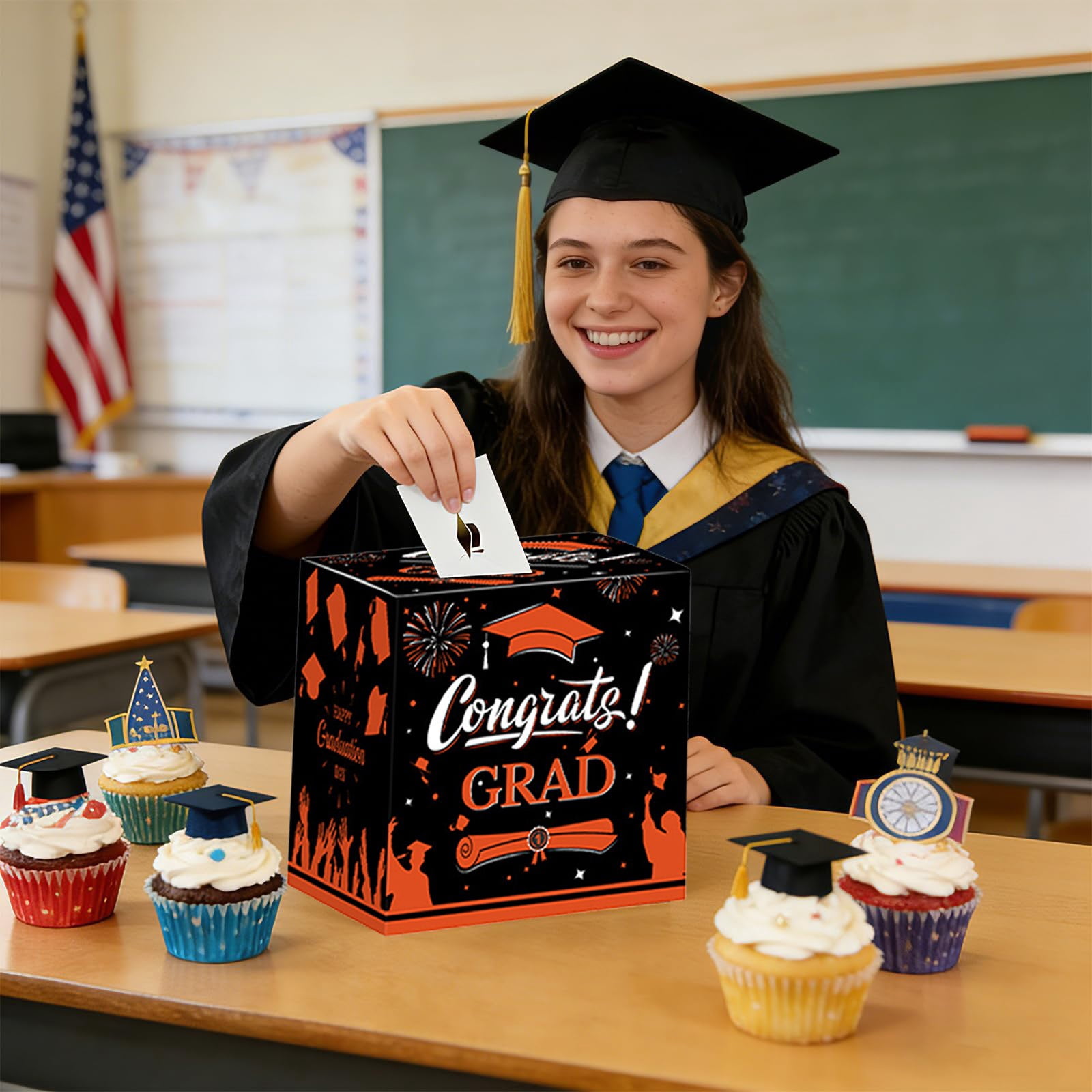 card box for grad party Liulin Graduation Card Box, Black and Orange Congrats Grad Card Box,  Foldable Graduation Gift Card Box for Class of 2026 Graduation Party  Decorations