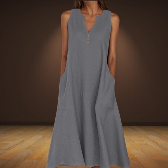 Abcnature Dresses for Women Summer Casual A-line Dress Solid Color Print Sleeveless Long Dresses Oversized V-Neck Beach Flowy Midi Dresses with Pockets (S-5XL)