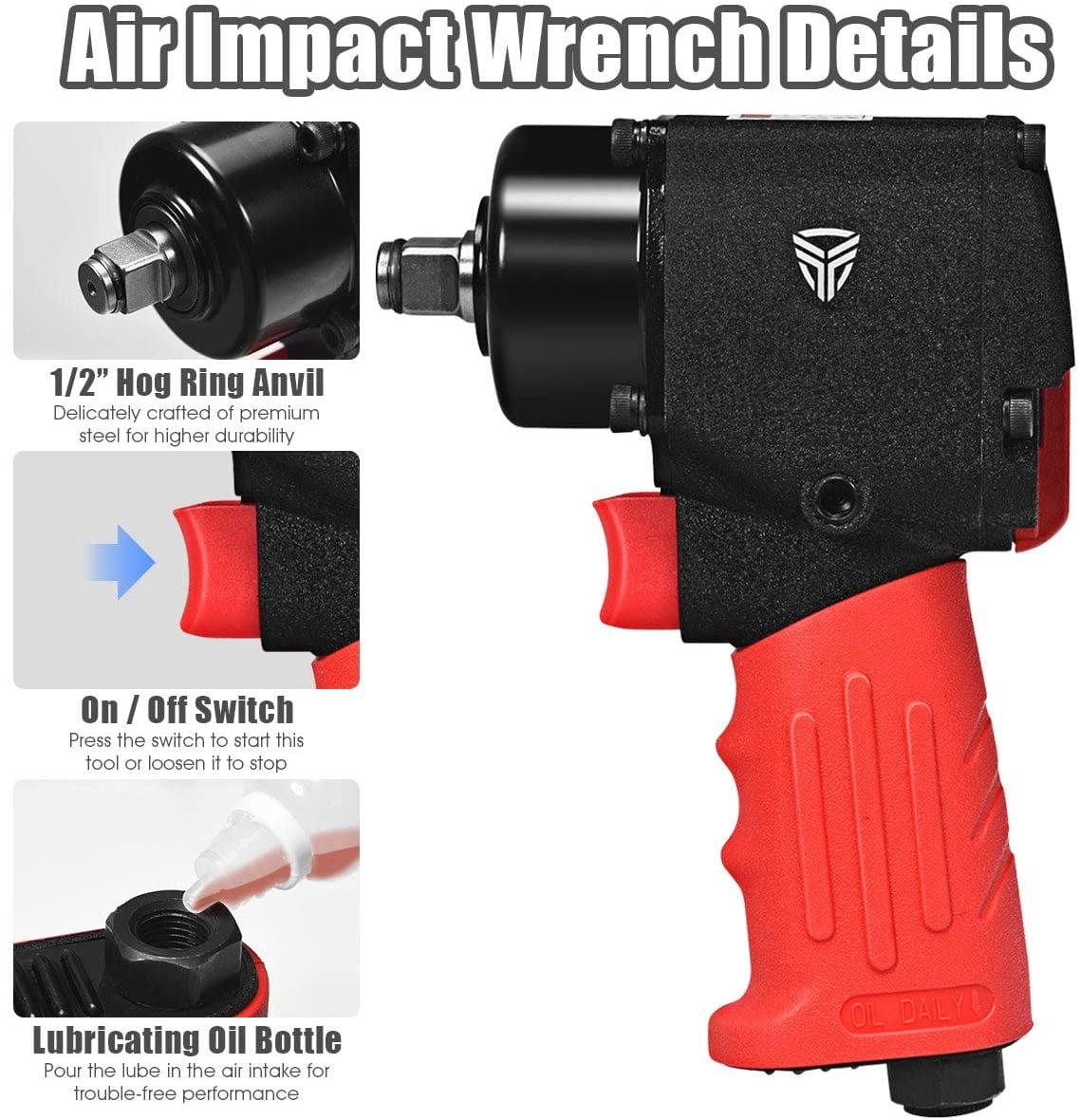 1/2" Air Impact Wrench, Pneumatic Composite Air Impact Driver with 500ft-lb  Torque, 1/4" Air Inlet, 10000 RPM, Adjustable Speed, Twin-Hammer Mechanism  - Walmart.com