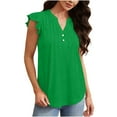 thumbnail image 5 of dazeni Loose Cap Sleeve Tops Trendy Pleated V Neck Casual Dressy Blouse Ruffle Sleeveless T Shirts for Summer Green X-Large, 5 of 7