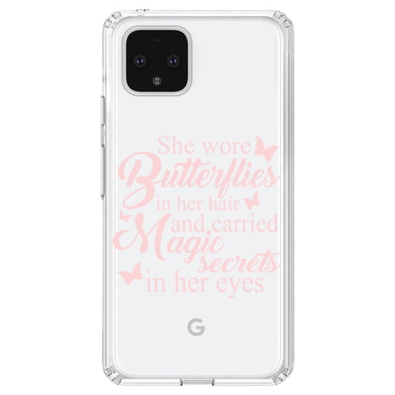 DistinctInk Clear Shockproof Hybrid Case for Google Pixel 4 (6.1" Screen) - TPU Bumper Acrylic Back Tempered Glass Screen Protector - Butterflies in Her Hari, Magic Secret Eyes