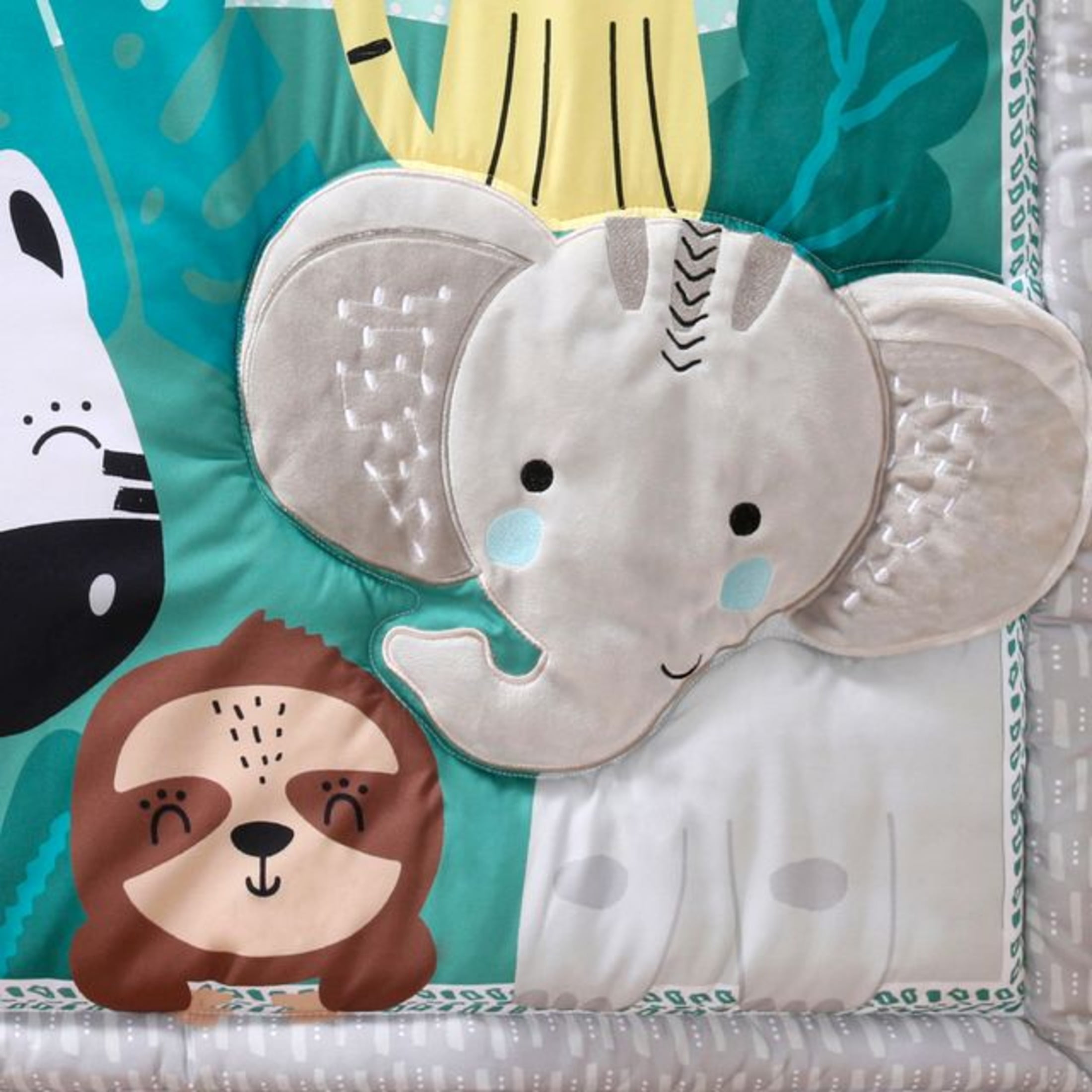 The Peanutshell Green and Grey Safari Adventures Crib Bedding Set for Baby Boys or Baby Girls, 3 Piece Nursery Set