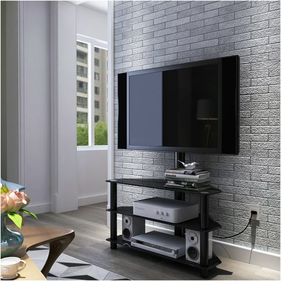 JERFIT Height Adjustable TV Stand with Swivel Bracket, 3-Tier Tempered Glass TV Cabinet with Mount for 32-65 inch TVs, Black