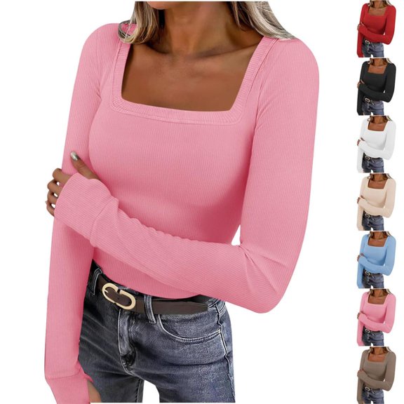 Umfun Women's Square Neck Ribbed Top Long Sleeve Slim Fit Shirt - Casual Basic Layering Pullover Tunic for Daily Wear