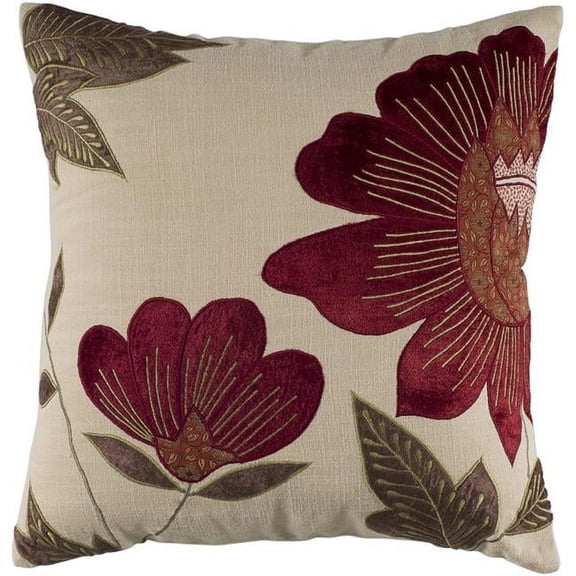 Red & Beige Floral Down Filled Throw Pillow, Beige