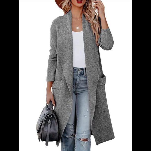 Cárdigan Holgado de Punto Abierto para Mujer, Informal, de Larga, Drapeado, con Bolsillos, Chaqueta Larga, Suéter. Gris XL