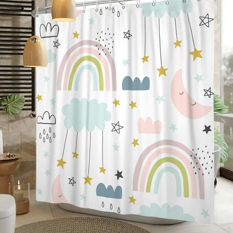 Boho Rainbow Shower Curtain Funny Cute Cloud Stars Colorful Shower Curtains  for Kids Girls Dorm Shower Curtain 72x72 Inch Polyester Fabric with Hooks
