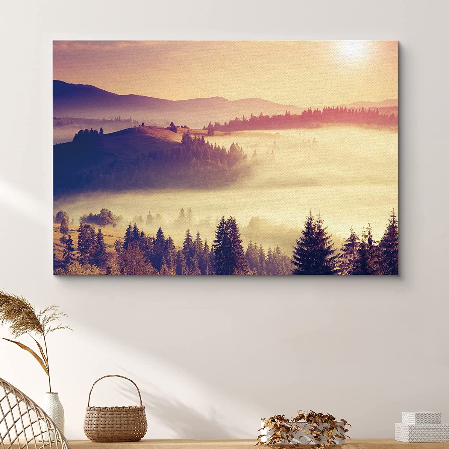 PixonSign Canvas Print Wall Art Fog Over Orange Neon Mountains Nature ...