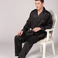 thumbnail image 2 of Pijama de seda de hielo de seda negra para hombre, traje de verano de manga larga de color sólido, ropa de hogar de verano de talla grande para hombre, 2 of 6