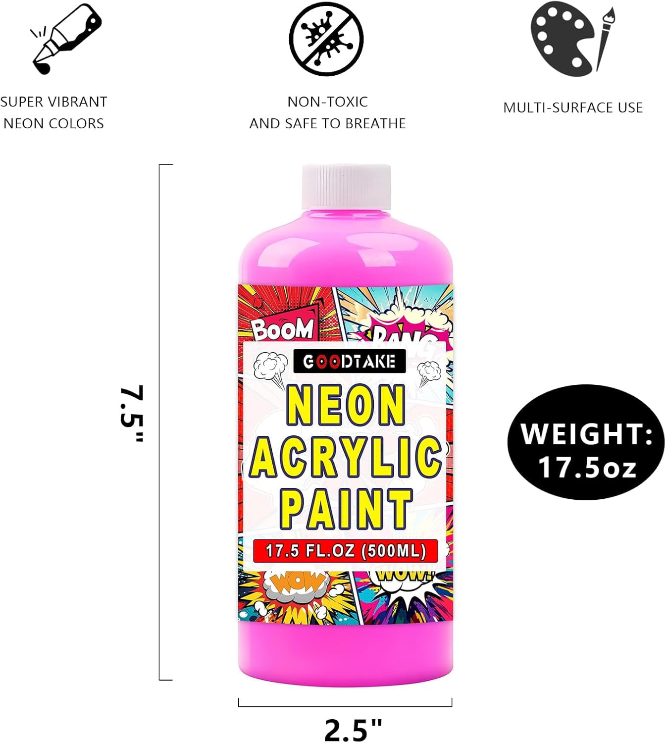 GOODTAKE Neon Acrylic Paint | 17.5 oz Bottles | Student Neon Colors Acrylics Painting | Non-Toxic | Neon Pink Paints for Canvas, Paper, Rocks| Art & Craft Paints for Artists (Hot Pink, 17.5 Fl Oz)