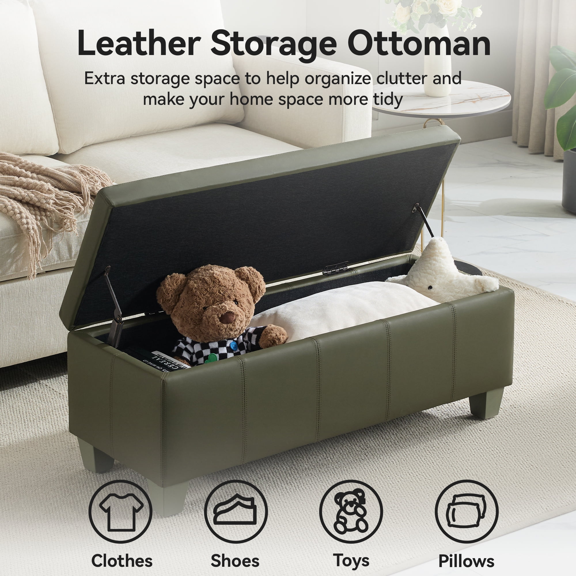 41'' Faux Leather Storage Ottoman Bench, Rectangle Upholstered Storage Bench with Wooden Legs, Stitch Tufted Bench with Storage for Bedroom, Living Room, Entryway, Green